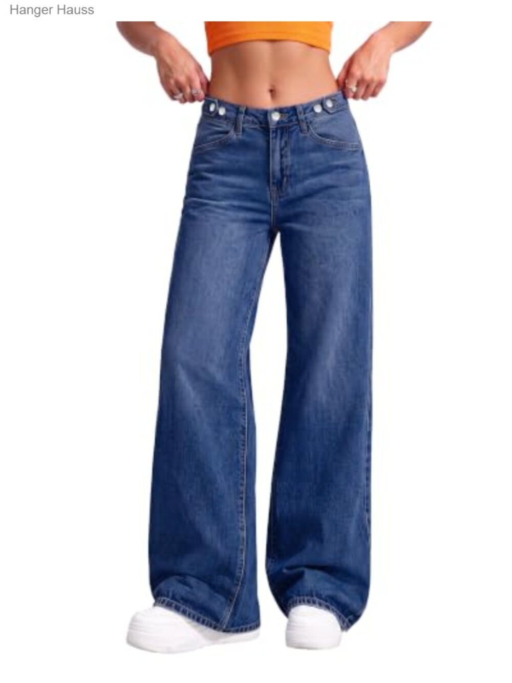 High Rise Wide Leg Baggy Jeans Cinched Waist Stretch Denim Pants